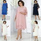 Vestido de mulher em chiffon bordado com retalhos e gola redonda