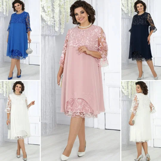 Vestido de mulher em chiffon bordado com retalhos e gola redonda