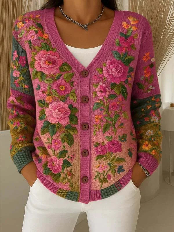 Cardigan de mulher em algodão com decote em V e estampado floral