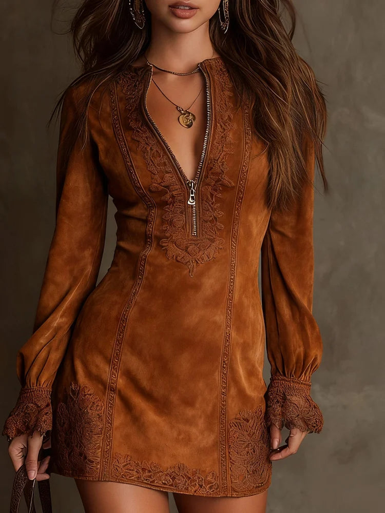 Vestido vintage em camurça e renda
