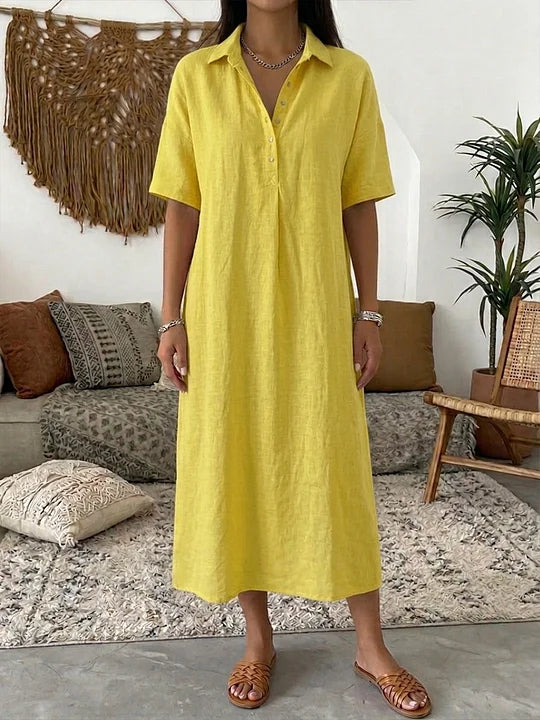 Vestido polo para mulher em algodão e linho – Manga curta casual para o verão