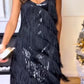 Vestido de noite elegante para mulher com alças, patchwork e franjas.