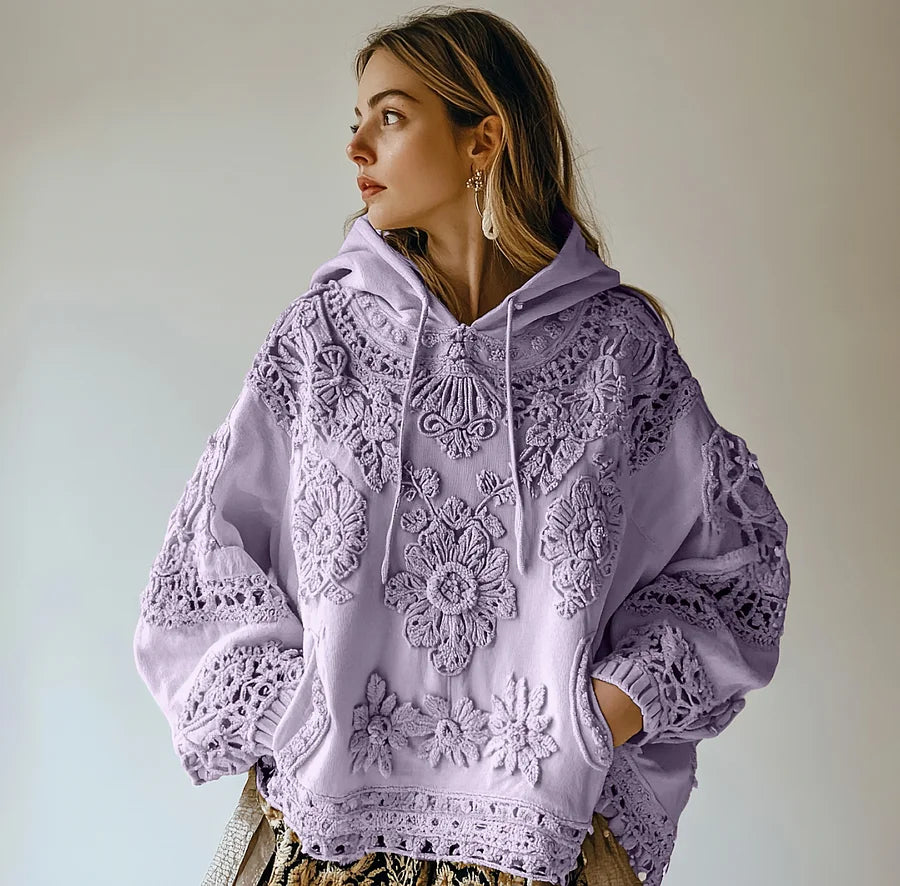 Sweatshirt casual para mulher com capuz e estampa floral bordada
