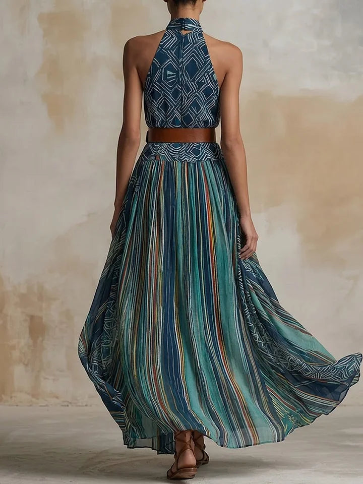 Vestido comprido sem mangas com estampado artístico boémia