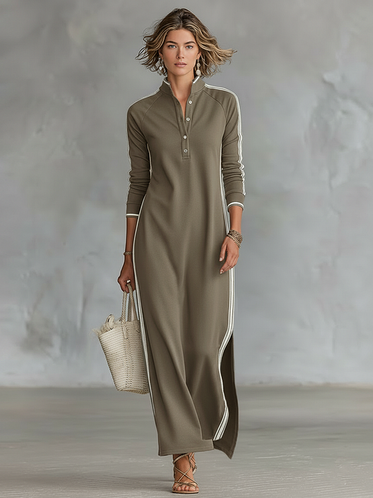 Vestido comprido estilo sweatshirt com gola abotoada