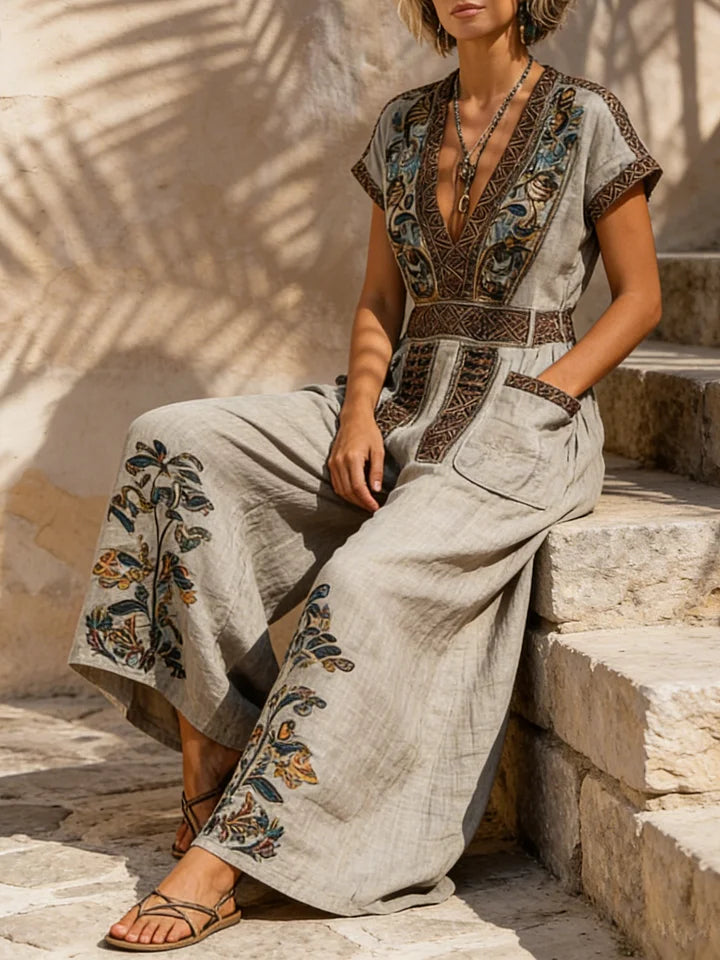 Macacão largo em algodão e linho com um estilo boho retro casual
