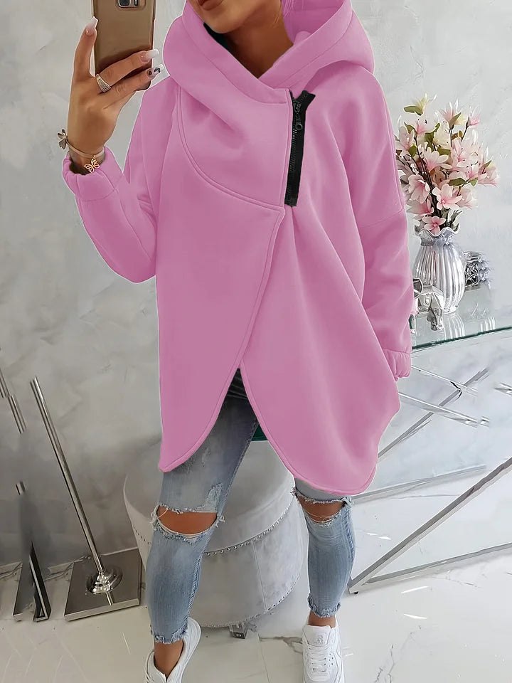 Sweatshirt de mulher com capuz de cor sólida, bolso frontal e fecho