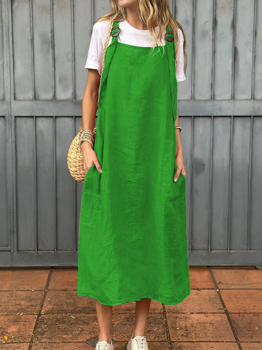 Vestido de mulher em algodão e linho com alça ajustável e bolso