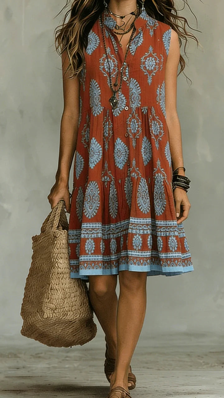 Vestido comprido de gola polo sem mangas com estampado em estilo boémio