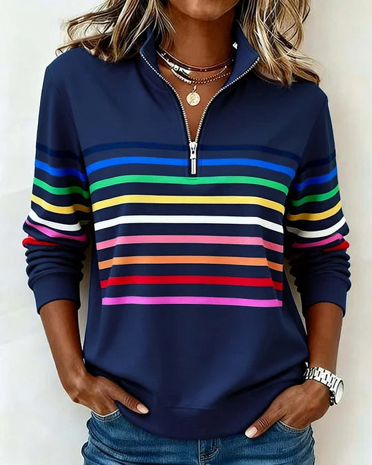 Sweatshirt moderna com gola de meio fecho e riscas arco-íris