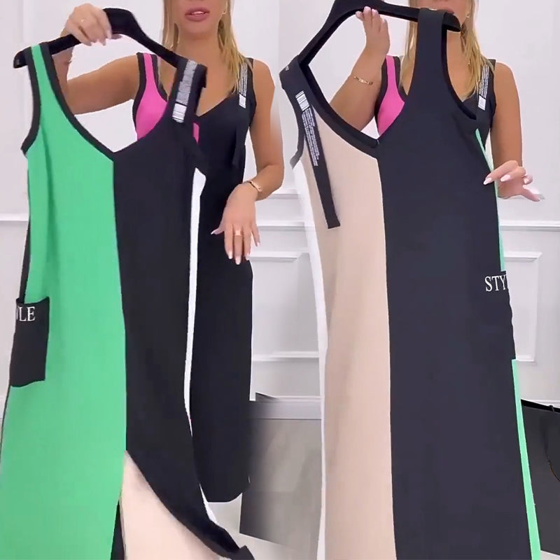 🌸Especial verão💐 Vestido sem mangas com blocos de cor.