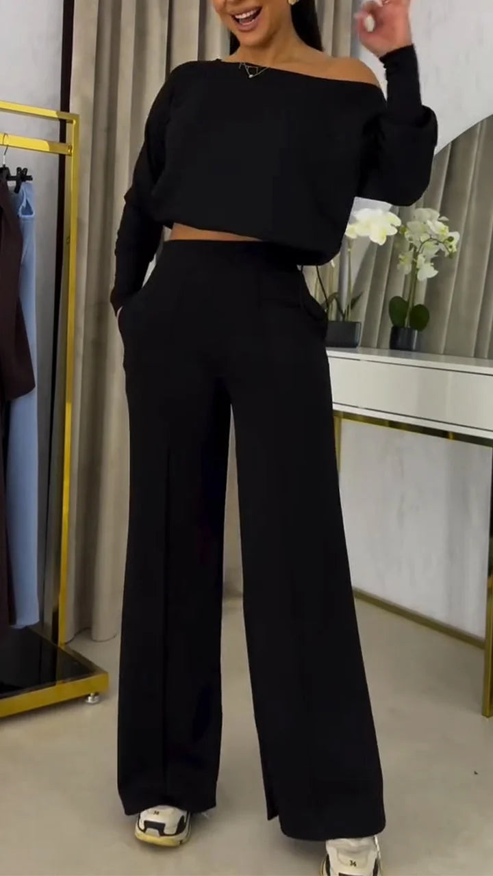 Conjunto de blusa ombro a ombro larga e calças casuais para menina