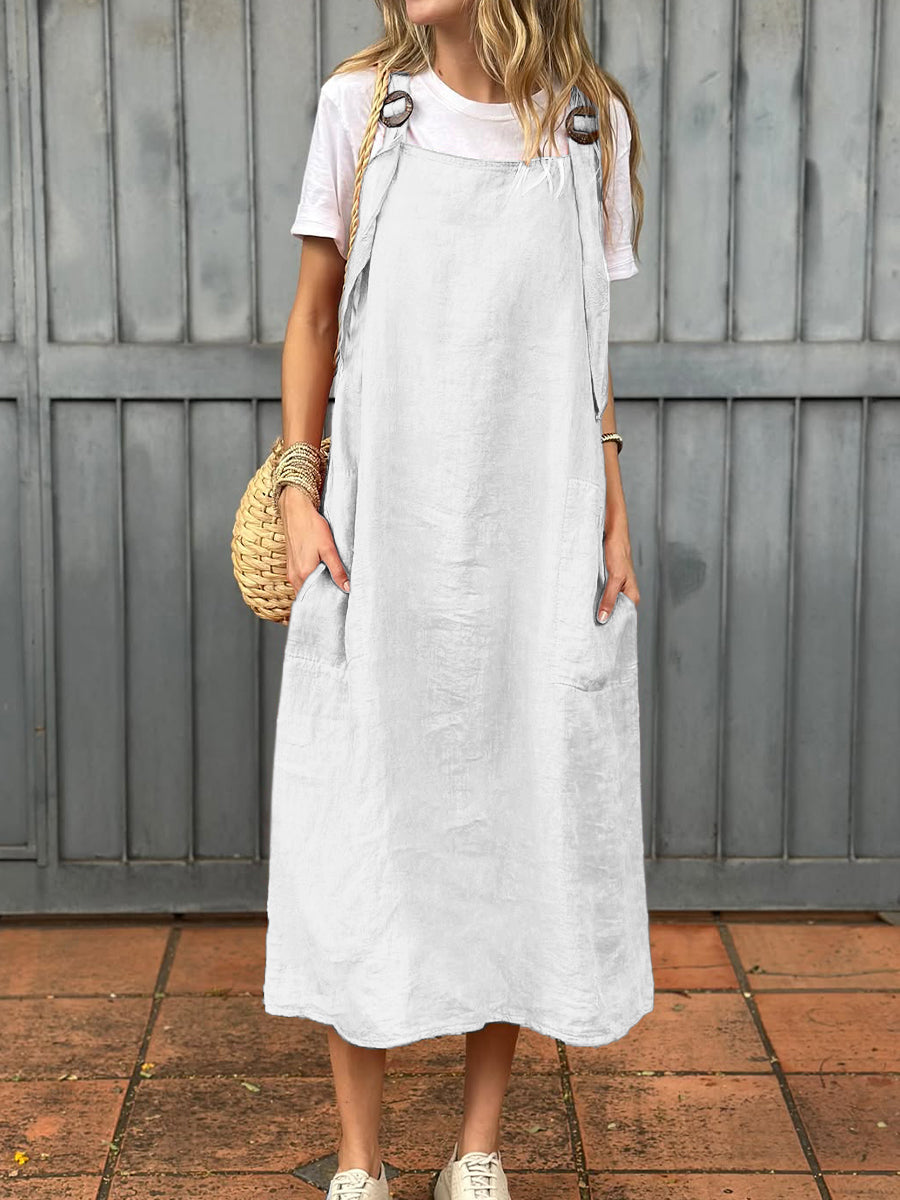 Vestido de mulher em algodão e linho com alça ajustável e bolso
