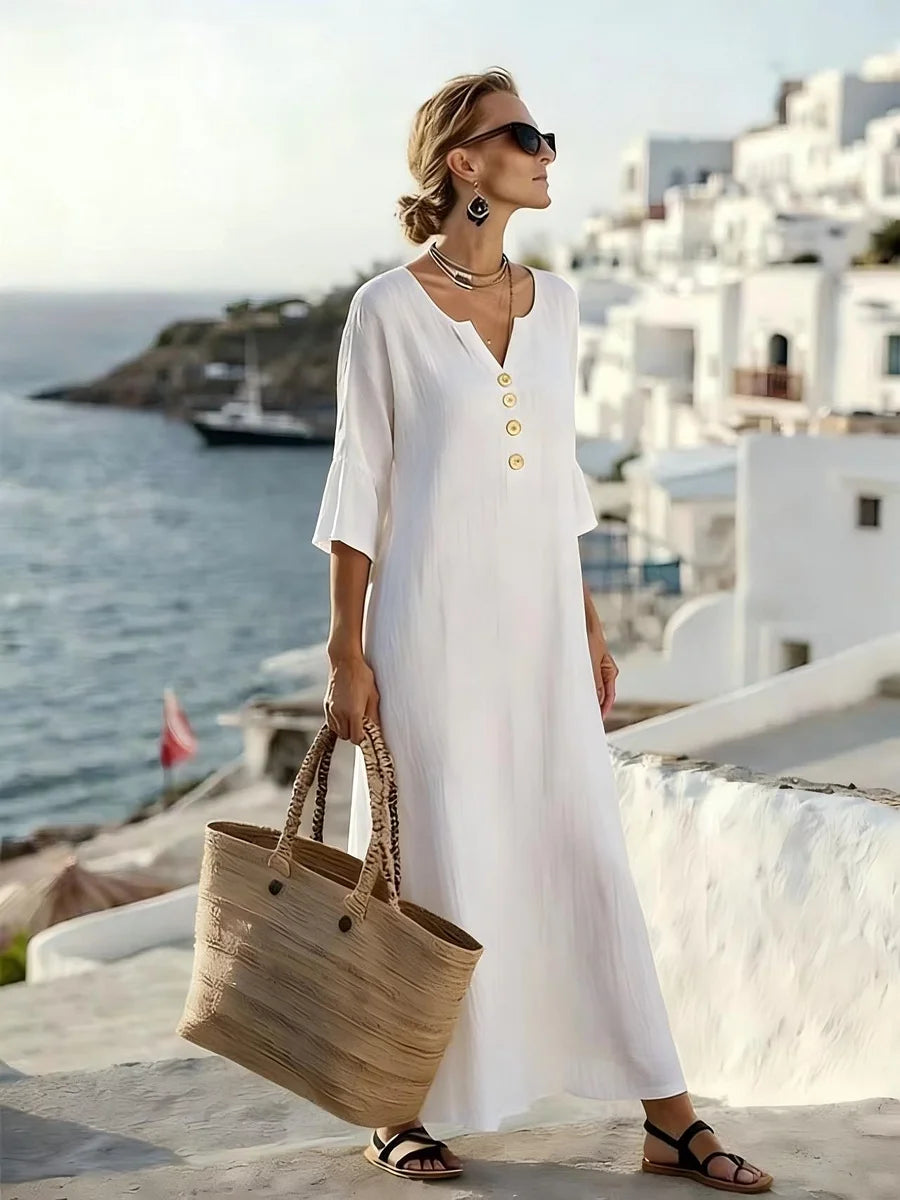💗【Tamanhos S-3XL】👗Vestido de senhora em algodão e linho com mangas abalonadas e botões