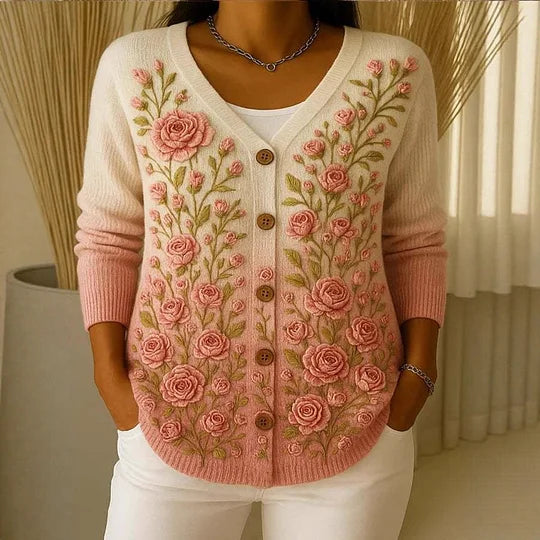 Cardigan de mulher em algodão com decote em V e estampado floral