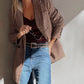 Blazer castanho com gola pied-de-poule e lapela