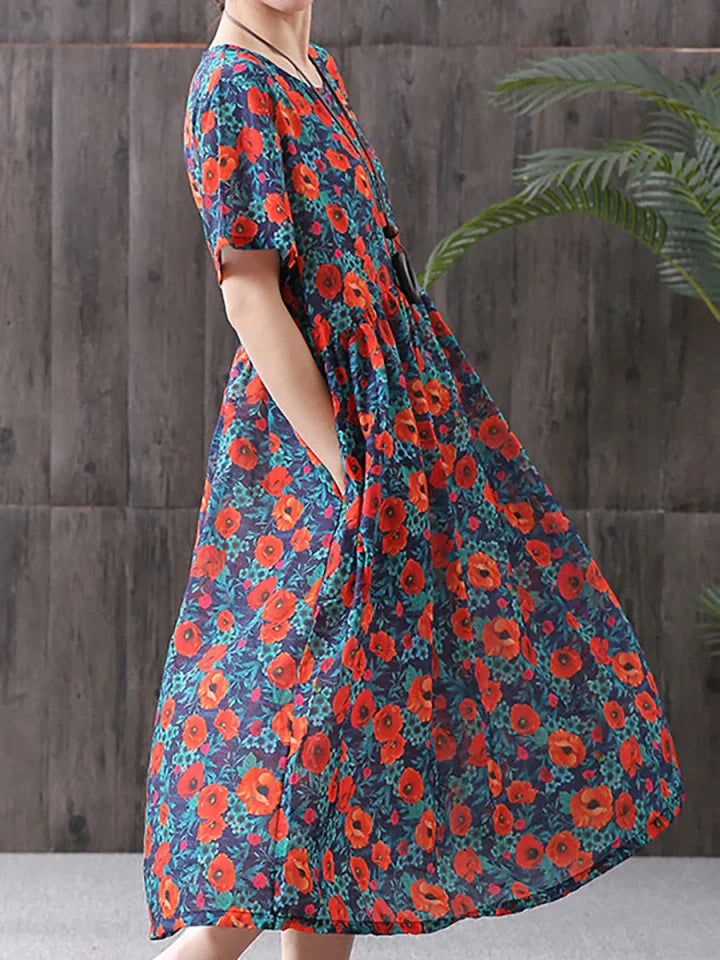 Vestido casual de mulher em algodão com estampado floral retro