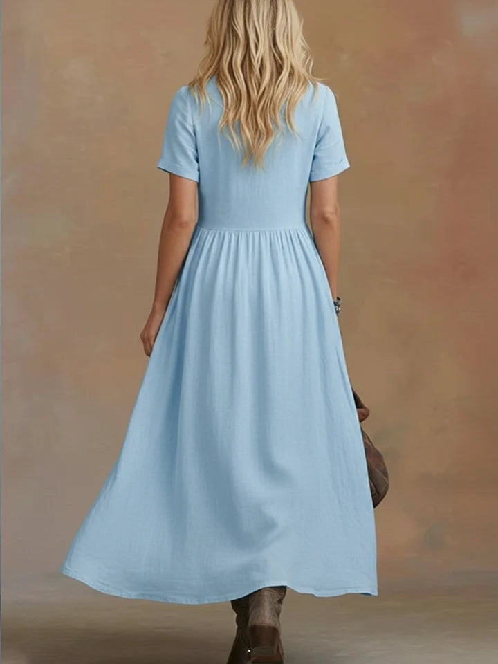 Vestido confortável em linho e algodão com atilhos na cintura