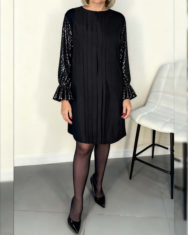 Vestido plissado de cor sólida com mangas à boca de sino