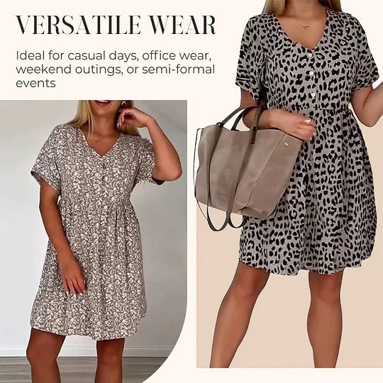 Vestido casual de mulher de manga curta e decote em V