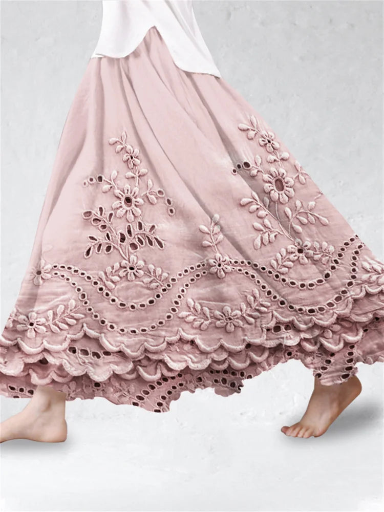 Saia de mistura de linho com renda bordada floral
