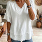 Blusa casual de linho misto com manga curta e bainha desfiada