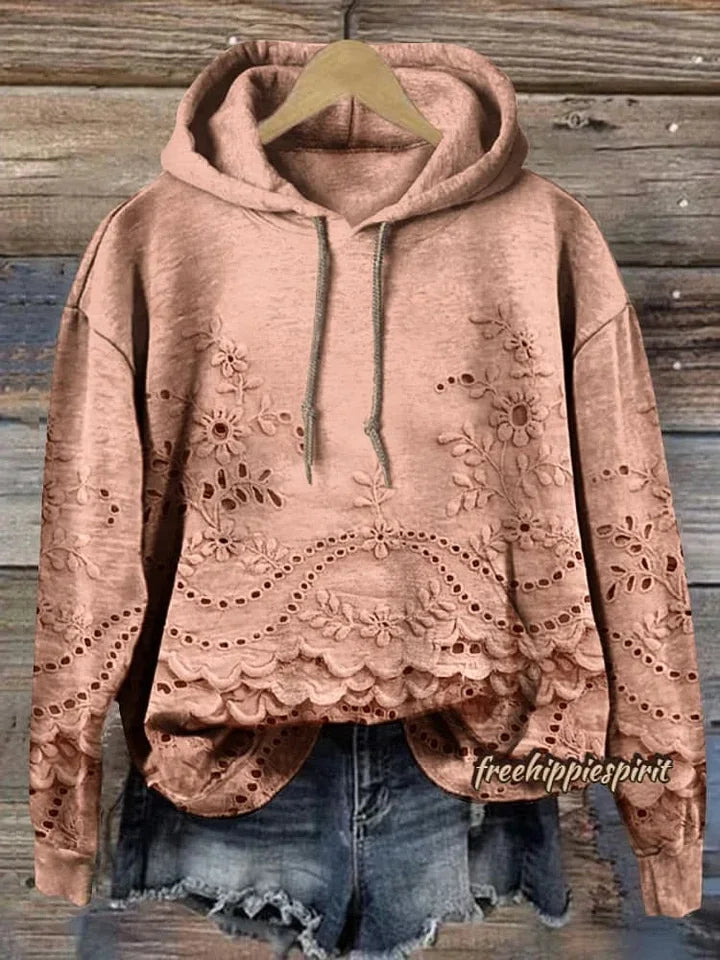 Sweatshirt casual para mulher com capuz floral texturizado e bolsos