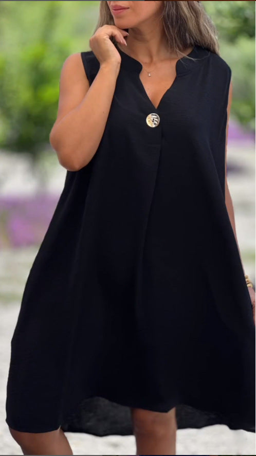 [S-2XL] 💖Vestido liso sem mangas com decote em V e botões decorativos