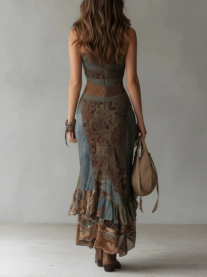 Vestido Boho Assimétrico com Folhos na Bainha e Decote Ombro a Ombro em Tecido Elástico