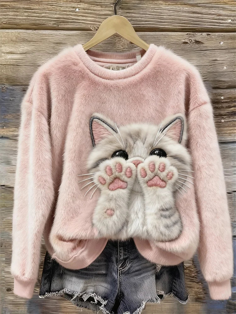 Sweatshirt confortável com estampa fofa de patinha de gato rosa de peluche