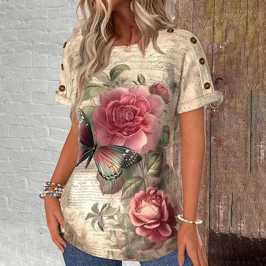 Manga curta com estampado floral retro