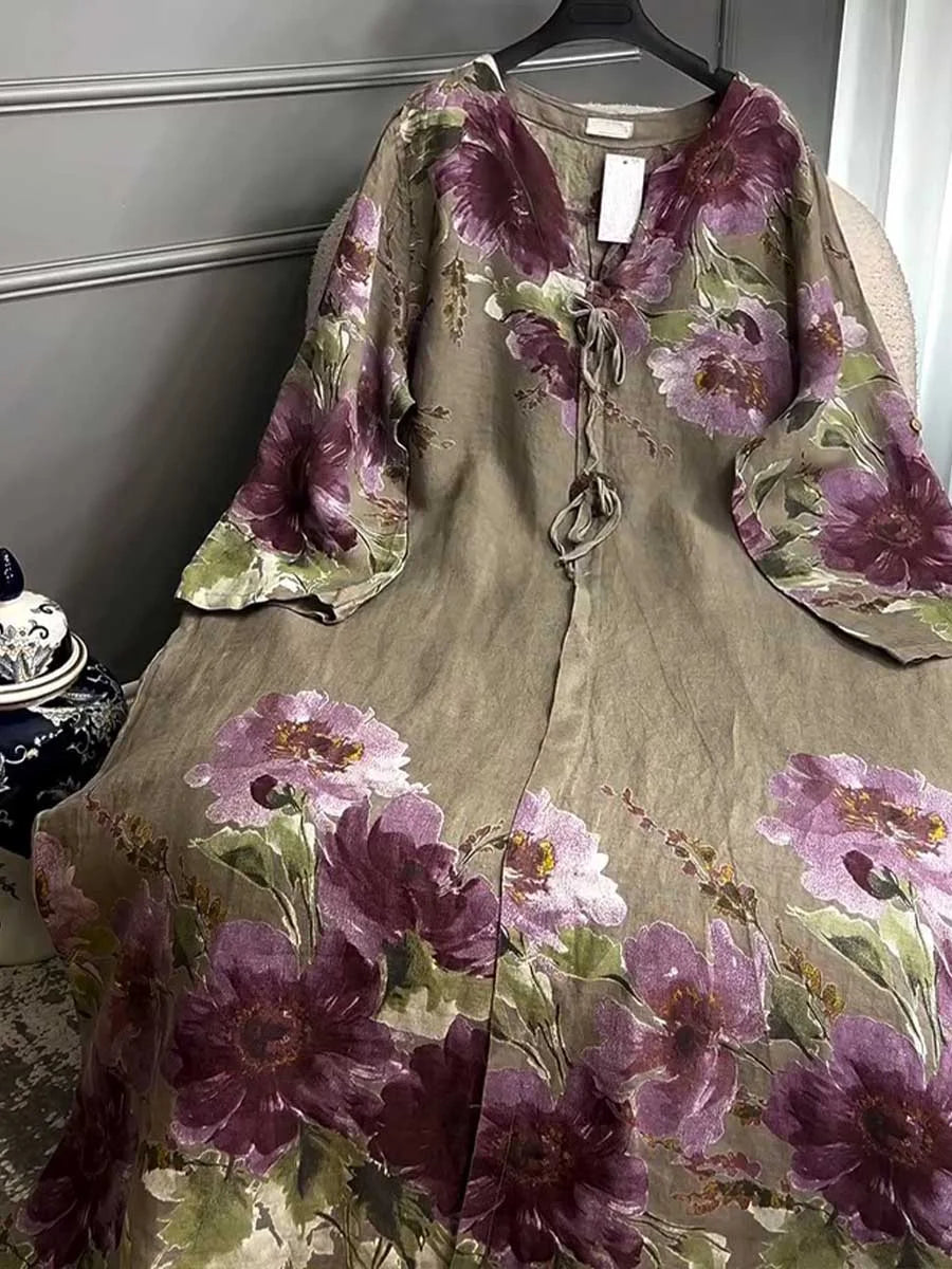 Vestido casual de mulher em algodão e linho com estampado vintage, mangas compridas e decote em V