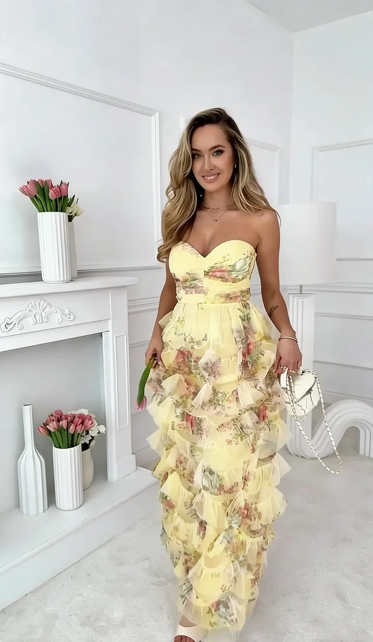 🌸🌸🌸Vestido curto com alças e corte em camadas, estilo bolo floral