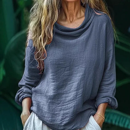 Blusa de linho para mulher, estilo boémio, simples e casual, de manga comprida