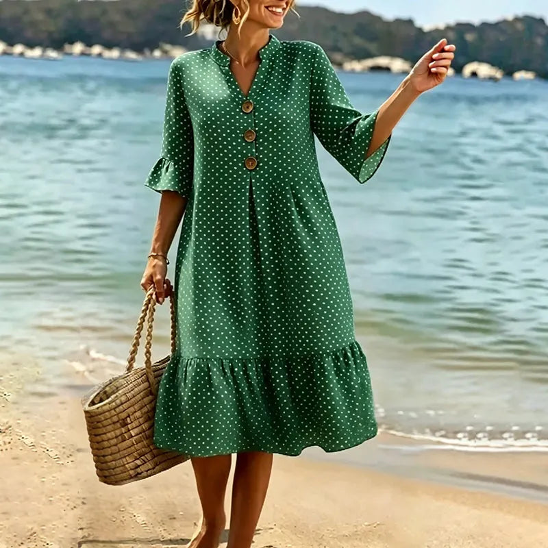 🔥Vestido de algodão para mulher com estampado de bolinhas e folhos nos punhos