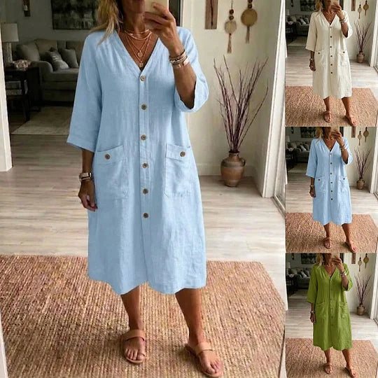 Vestido midi casual para mulher em algodão e linho com decote em V