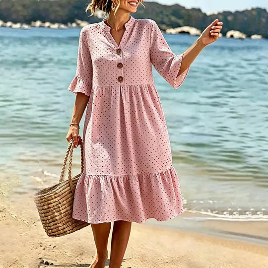 🔥Vestido de algodão para mulher com estampado de bolinhas e folhos nos punhos