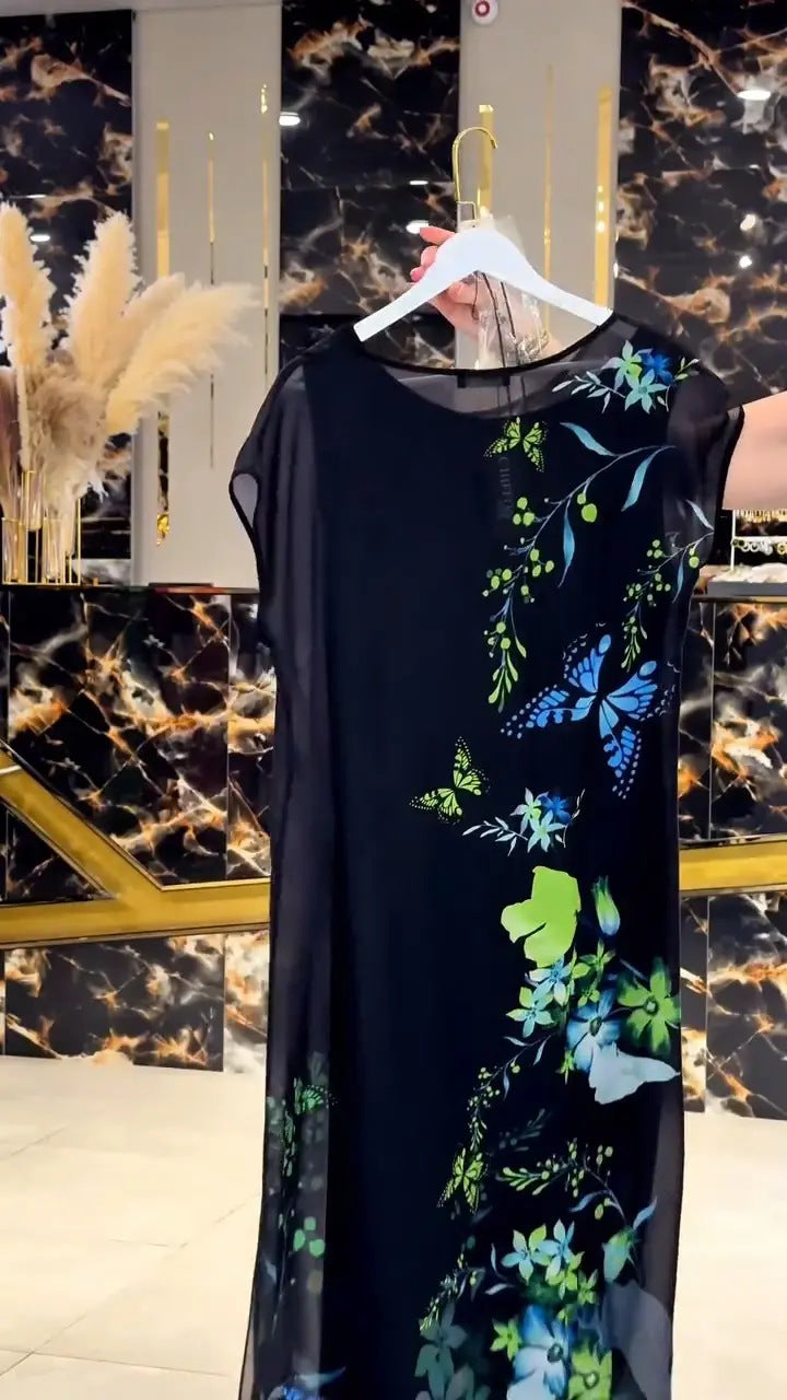 Novo vestido midi de chiffon com estampado de borboletas e manga curta