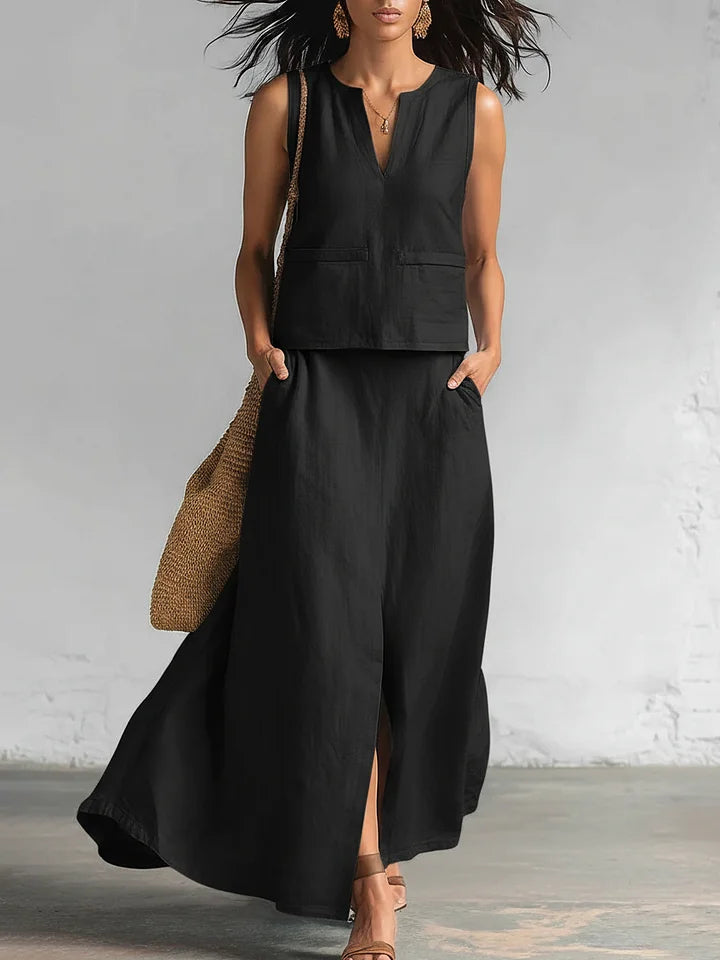 Conjunto minimalista e elegante de blusa e saia com decote em V
