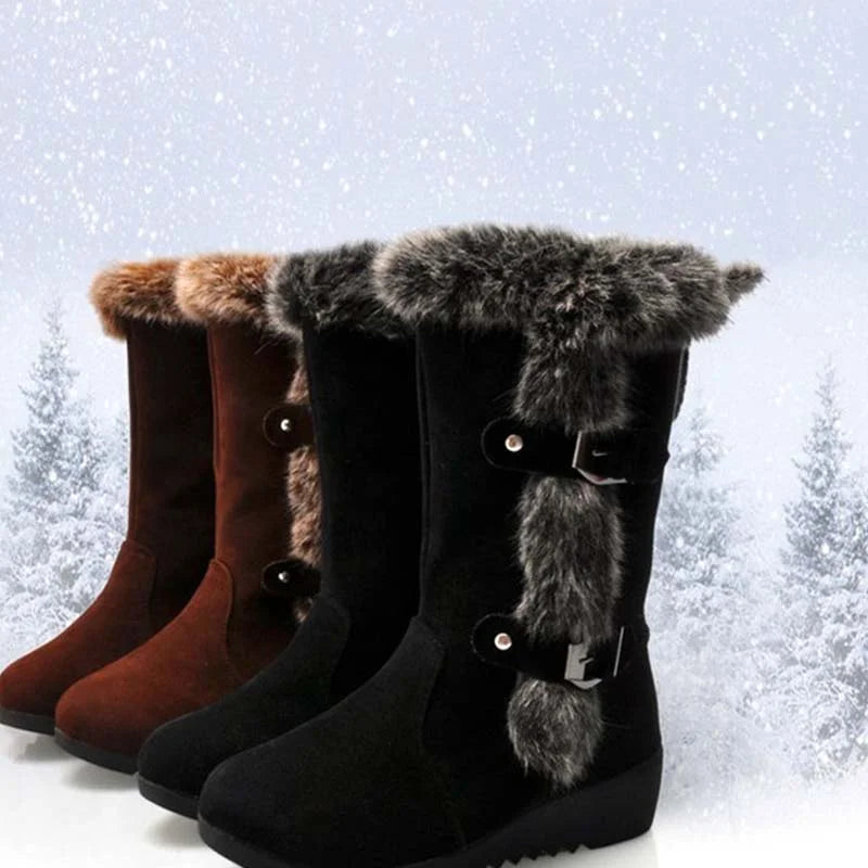 🔥 Botas de neve de cano médio para mulher com acabamento em pelúcia 👢