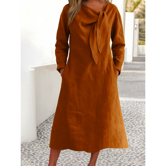 Vestido de cor sólida com decote redondo e manga comprida