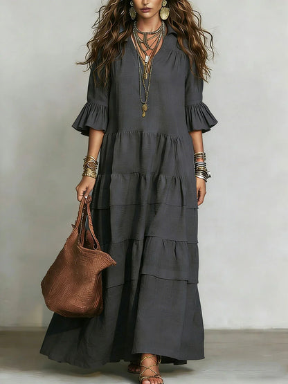 Vestido casual largo em linho e algodão com mangas curtas