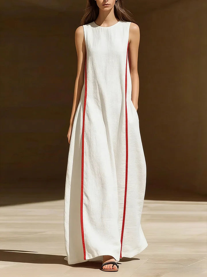 Vestido casual de mulher, em algodão e linho, sem mangas, com gola redonda