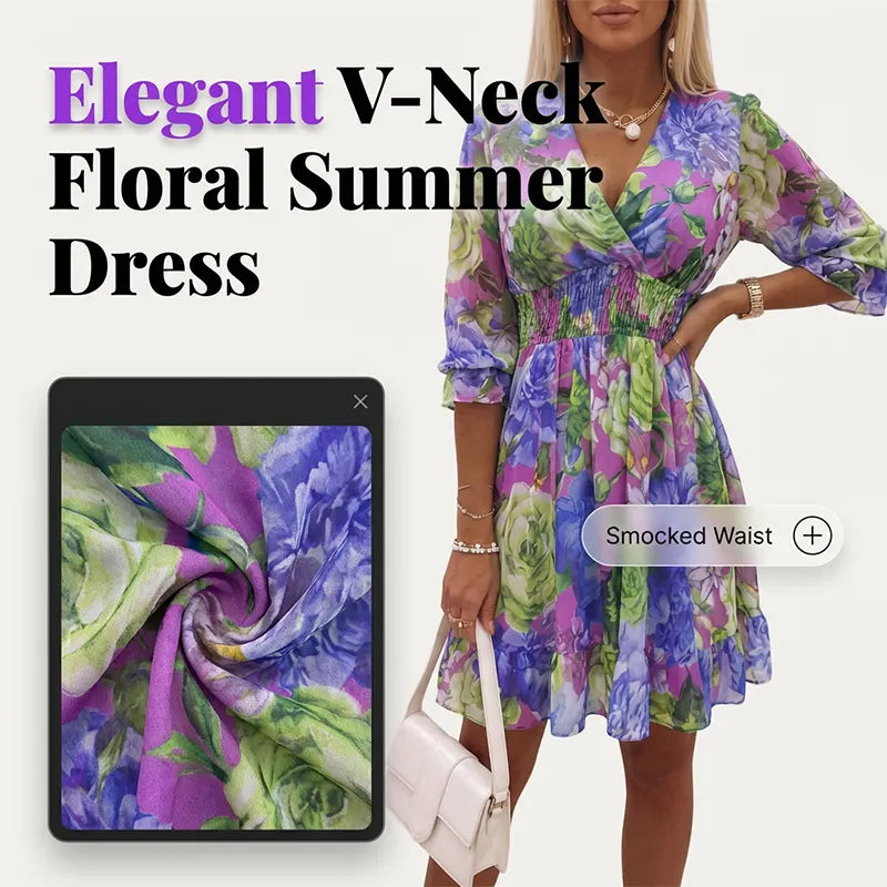 Vestido de menina evasé com decote em V, folho na base e estampado floral