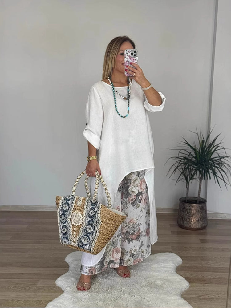 Fato casual de algodão e linho com blusa irregular e calças largas