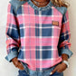 Sweatshirt casual de mulher de gola redonda em ganga com estampa xadrez e patchwork