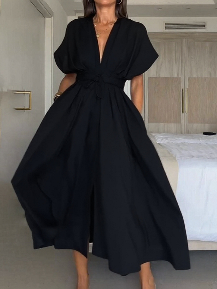 Vestido midi para mulher com decote em V e detalhe de atilhos