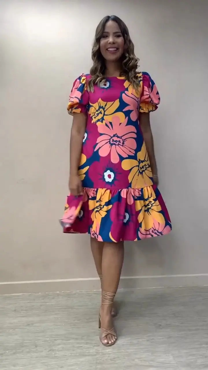 Vestido de verão elegante para mulher com mangas abalonadas, solto e confortável