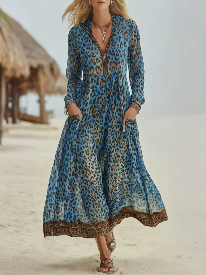 Vestido midi retro casual para mulher com estampa de leopardo