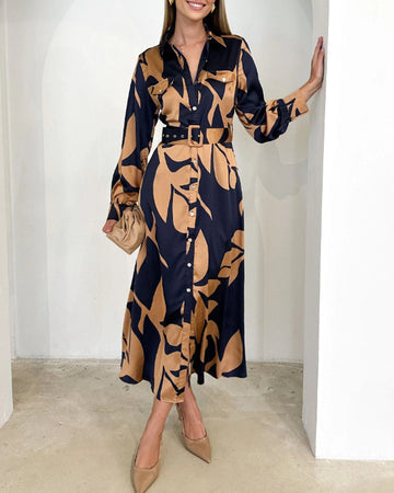 Vestido elegante de manga comprida com lapela estampada